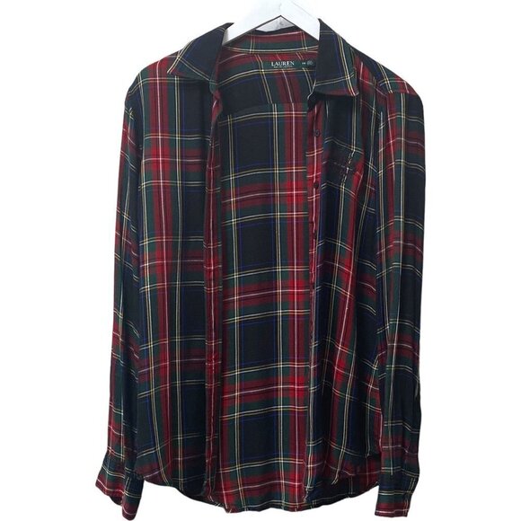 LAUREN RALPH LAUREN Womens Plaid Shirt Medium Petite Button up Crest Blouse Long - Picture 5 of 11